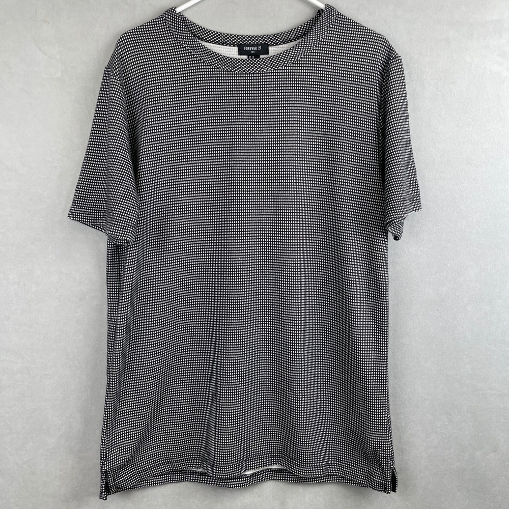 Forever 21‎ Men Black White Micro Check Mod Short Sleeve Knit Crewneck Shirt M